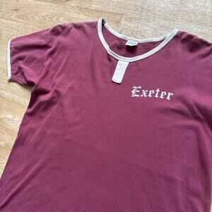 VINTAGE 70s Exeter T Shirt Size XL Ringer Rowing Blue Bar Flock Print Champion
